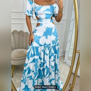 White & Turquoise tropical print maxi dress. Off the shoulder with side cut-out.